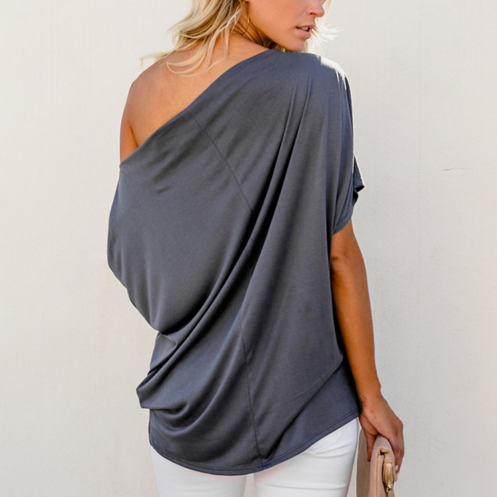 1 left! New Slouchy Off Shoulder Short Sleeve Tie Knot Blouse Top Shirt - Picture 4 of 9